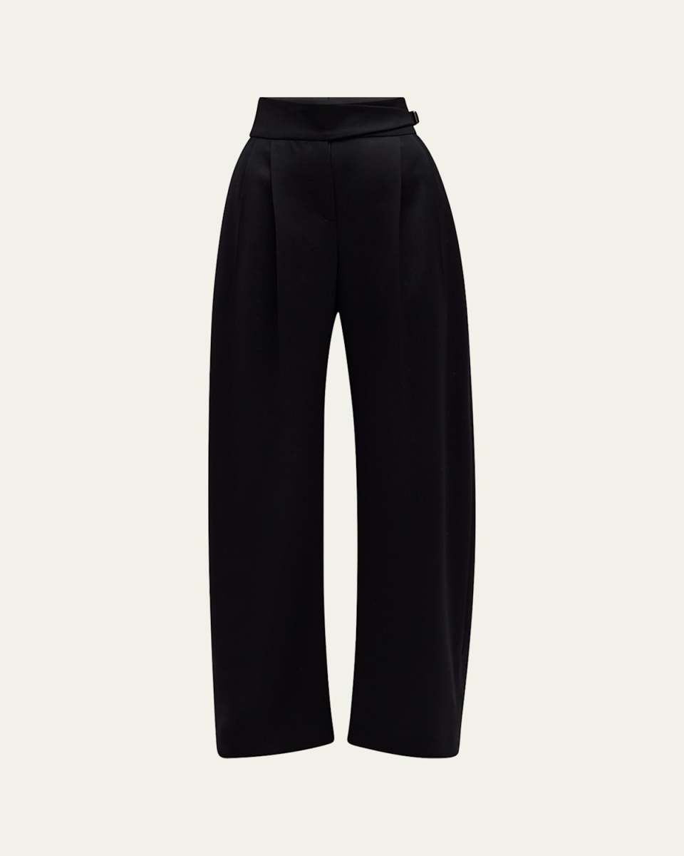 Diamante Buckle Pleated Wide-Leg Satin Wool Pants